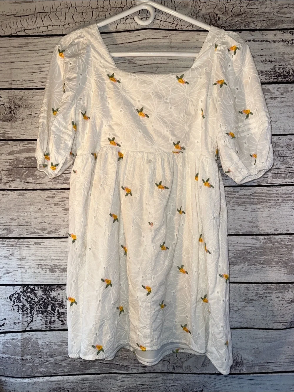 Altar’d State White Embroidered Floral Eyelet Mini Dress Puff Sleeve Size Small